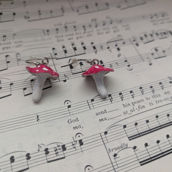Pink and White Mushroom Earrings - Picture 4 of 13